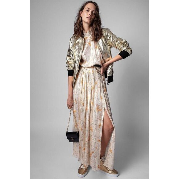 New Zadig & Volitare ROZE FLORAL LAME DRESS IN GOLD Size Small - Picture 1 of 13